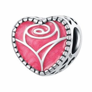 Pink Heart and Rose Charm, fits Pandora Charm Bracelet, S925 Silver,